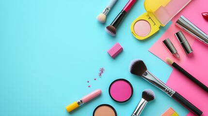 Colorful makeup products arranged on a vibrant blue background with pink accents during a creative beauty session