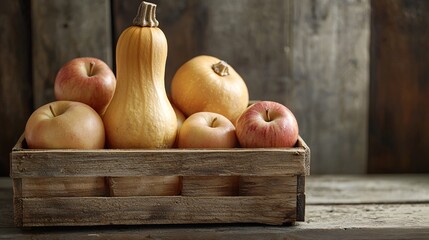 Organic Autumn Seasonal Foods Arranged in Rustic Crate Featuring Butternut Squash and Appl
