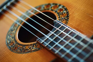 Obraz premium Close up of a six string acoustic guitar focusing on the soundhole and strings