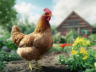 3D rendering of a free-range organic chicken roaming in a natural farm environment, emphasizing its healthy lifestyle.