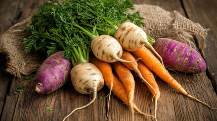Authentic Capture of Hearty Winter Vegetables on Rustic Wooden Table Featuring Root Variet