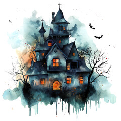 A mysterious haunted house surrounded by eerie trees and mist, perfect for Halloween themes and spooky illustrations.