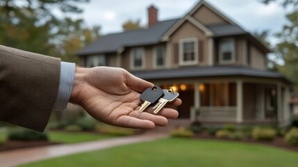 Real estate agent handing over a set of house keys to a new homeowner, with a house in the background
