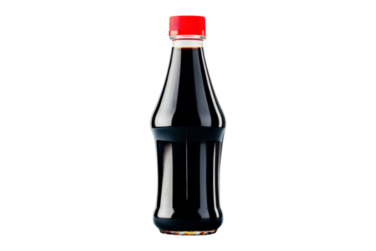 Bottle of soy sauce with a red cap isolated on a white transparent background. Condiment concept.