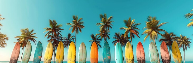 Colorful Surfboards Lined Up on a Tropical Beach