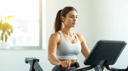 Determined Woman Rowing on Fitness Machine in Bedroom for Intense Full Body Home Workout Routine in the Early Morning Hours