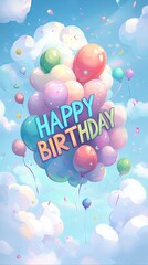 Happy Birthday Banner with Clouds and Rainbows
