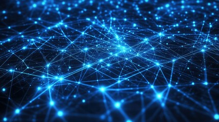 Abstract blue light and wireframe network design, featuring intersecting lines and illuminated nodes for a digital look