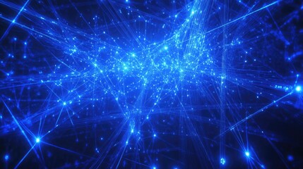 Fototapeta premium Abstract blue light rays and wireframe network background, featuring illuminated nodes and complex connections