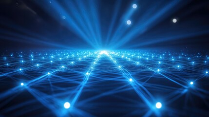 Fototapeta premium Abstract blue light rays and wireframe network background, featuring illuminated nodes and complex connections