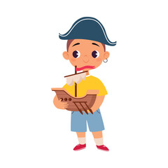 Boy Character in Pirate Hat Play Toy Boat Vector Illustration