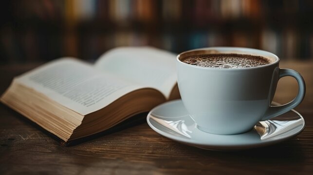 Close-up cup coffee placed beside open book on a rustic wooden table, dark coffee contrasts with light pages, creating a warm, inviting setting, ideal for cozy reading session in quiet cafe.
