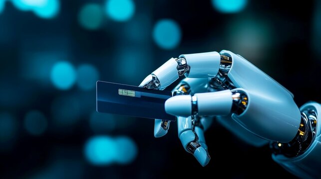 Futuristic robot hand holding a credit card, representing advanced technology in finance and digital transactions.