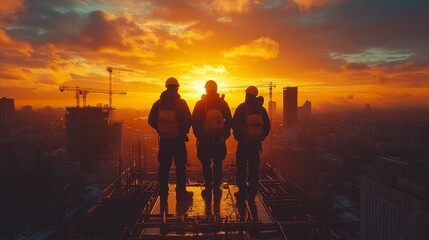 Silhouette of an engineer and worker discussing plans at a construction site during sunset, with cranes in the background