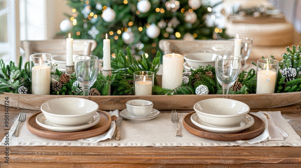 Wall mural Festive table setting with elegant dinnerware, candles, and Christmas greenery centerpiece. Cozy, warm atmosphere perfect for holiday gatherings and celebrations...