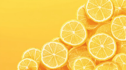 Obraz premium Fresh lemon slices bursting with citrus zing against vibrant yellow background. Perfect for adding refreshing touch to any design.