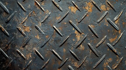Dark metal surface with a worn diamond pattern, capturing the rugged, utilitarian aesthetic of industrial environments