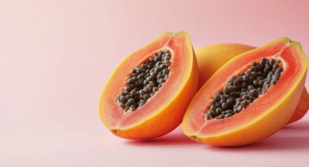 Fresh papaya fruit cut in half showcasing vibrant orange flesh and dark seeds on a pink background