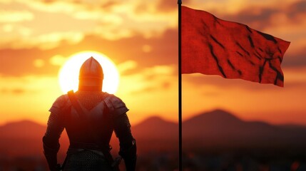 Knight in armor standing beside red flag at sunset, with a dramatic and heroic backdrop of the sun setting over distant hills.
