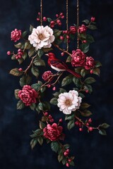 Silk wall art featuring Chinoiserie illustrations, richly decorated with ceramic accents.