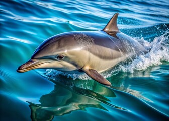 Naklejka premium a photo image of a Stenella longirostris, a species of dolphin, swimming in the open ocean with its dorsal fin and blowhole visible.