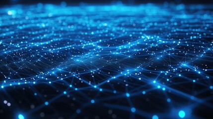 Obraz premium High-tech background with blue light and wireframe network, featuring illuminated nodes and dynamic lines
