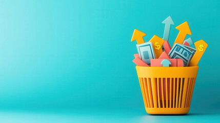Yellow basket filled with financial symbols and upward arrows against a blue background representing growth and economic progress.