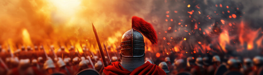 A medieval knight in shining armor stands before a battlefield engulfed in flames, ready for a fierce battle amid the chaos and destruction.