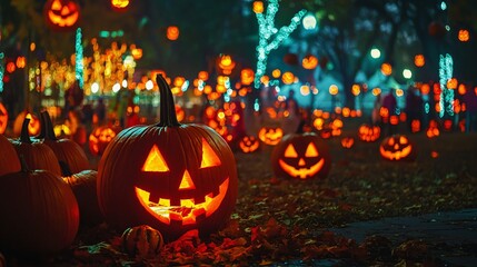 Vibrant Halloween Celebration Showcasing Colorful Pumpkin Display and Festive Decorations