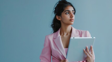 Obraz premium A woman in a pink suit holding a tablet