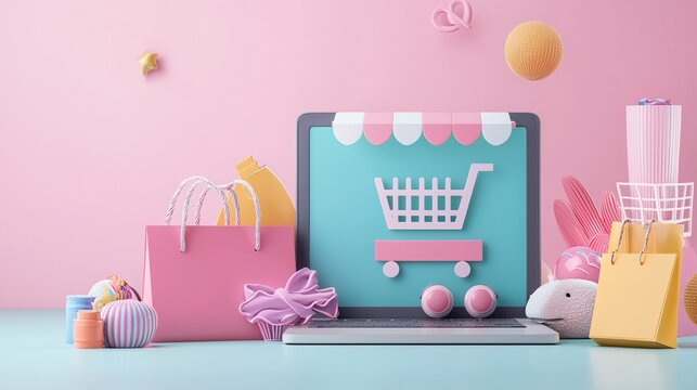 E-commerce Website Mockup Featuring 3D Product Showcase In Modern Digital Illustration Sty