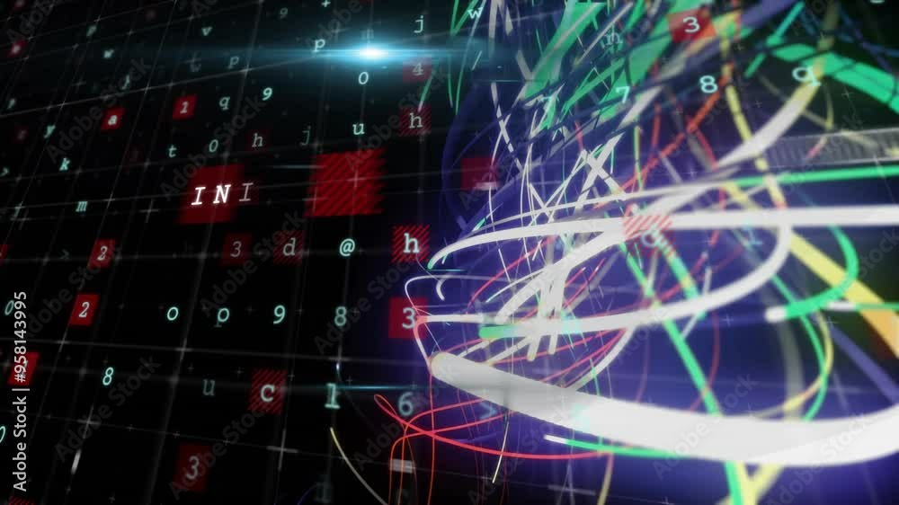 Poster internet text over abstract digital data and colorful light trails animation