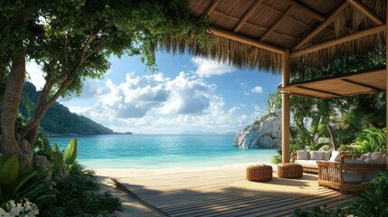 A tropical beach house with an open-air design, bamboo furniture, and a thatched roof, nestled among lush greenery and facing the turquoise waters. Plenty of space for copy.