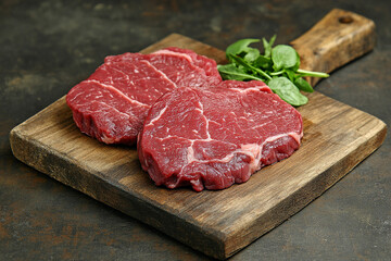 Fresh raw beef steaks on a wooden cutting board