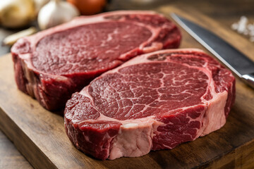 Fresh raw beef steaks on a wooden cutting board