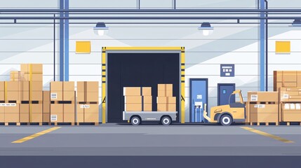 Delivery Warehouse Scene Featuring Loading and Unloading Packages in Flat Design Style