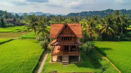 Fototapeta premium An aerial view of a Thai wooden house nestled in a rural landscape, with rice fields and palm trees in the background, emphasizing its connection to the environment. Plenty of space for copy.