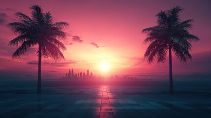 Obraz premium Neon Nights in Melbourne: Retro Wave Skyline with Palm Trees in Late 80s Style