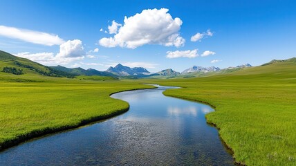 Obraz premium A river flowing freely through a valley after winter s thaw, symbolizing renewal, freshness, and continuous change