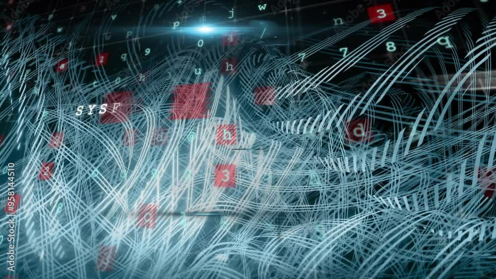 Poster system hacked text animation over abstract digital lines and numbers