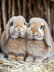 Two baby rabbits are sitting next to each other on hay