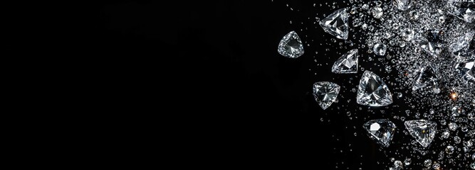 cluster of sparkling diamonds scattered across black background, banner with copy space. concepts: jewelry advertisements, luxury branding, wealth and affluence, elegant event invitations, banner.