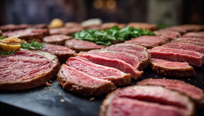 Freshly sliced cuts of premium beef displayed on a dark stone surface with herbs and garnishes in an indoor setting
