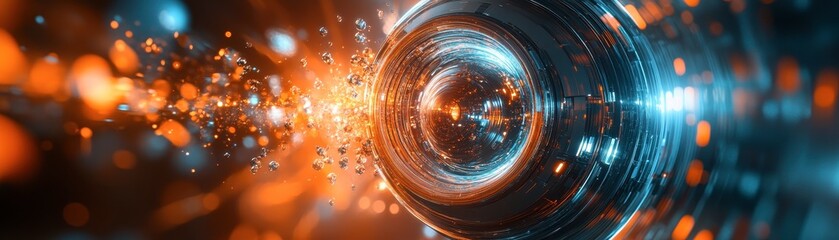 Vibrant abstract composition featuring glowing particles and dynamic light effects in blue and orange tones.