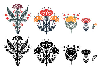 Vector set of decorative floral colorful and monochrome cliparts isolated from white background. Geometric ornate floral illustrations with foliage and flowers for invitations, cards and stickers