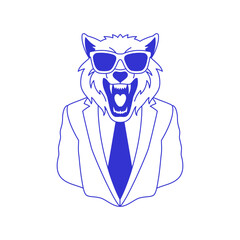 Y2k wolf business man in sunglasses tie suit blue sketch line icon vector flat illustration. Angry roar power canine predator minimal psychedelic wild animal businessman portrait contemporary pop art