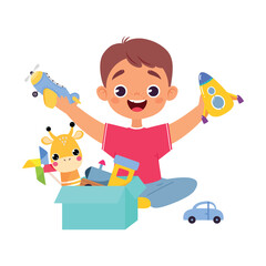 Boy Character Play Toy Sitting on Floor Vector Illustration