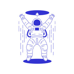 Y2k happy cosmonaut in space suit flying in universe hole line icon vector flat illustration. Overjoyed astronaut cosmos galaxy exploration hi tech cyber cosmic psychedelic retro groovy pen sketch