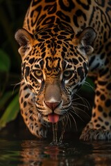 Obraz premium Close-Up of Jaguar Drinking Water In Natural Jungle Habitat. A stunning jaguar drinks water from a stream in its natural jungle habitat, showcasing its beauty, strength, and wild allure.
