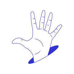 Y2k human hand open palm showing five fingers from hole line icon vector flat illustration. Arm gesture waving greeting hello hi contemporary pop art blue sketch minimal t shirt print